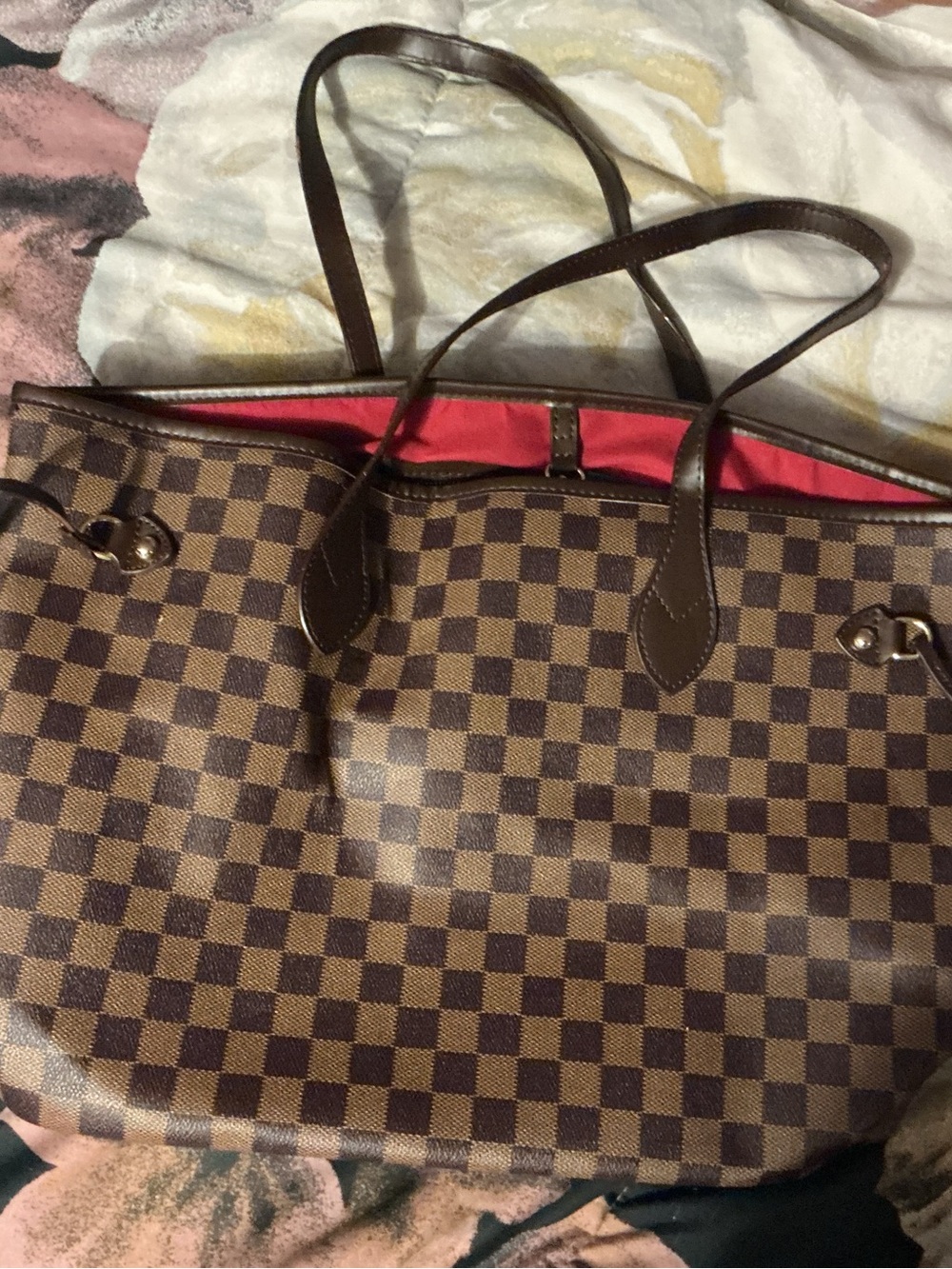 Brown Checkered Tote Bag with Red Interior